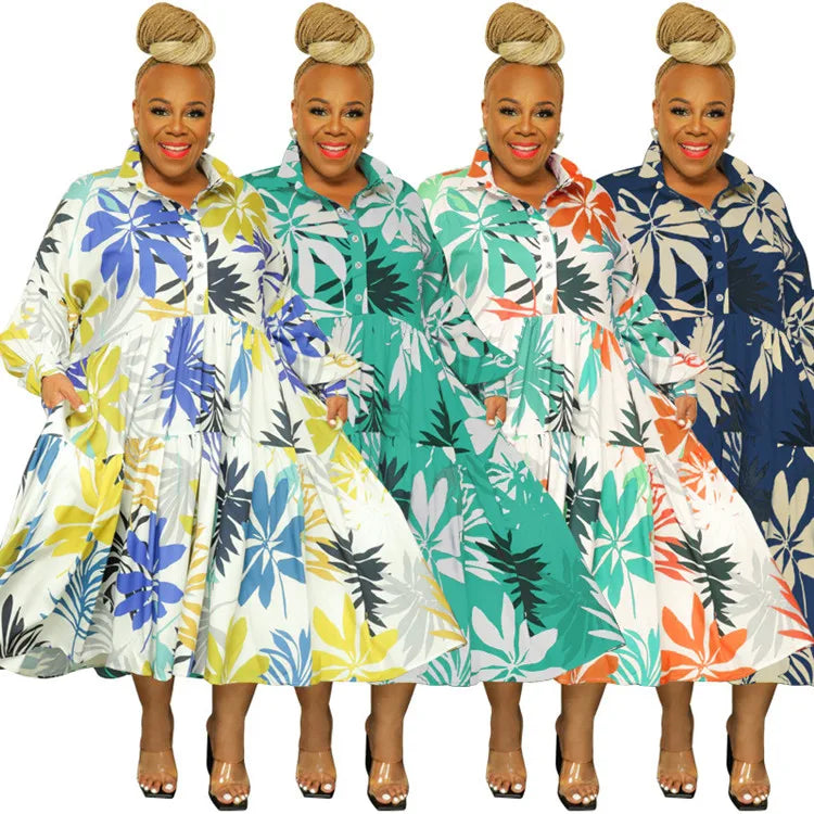 Maxy Plus Size Women Clothing Dresses Xl-5xl Flower Printed Long Sleeve Shirts Elegant Dress.