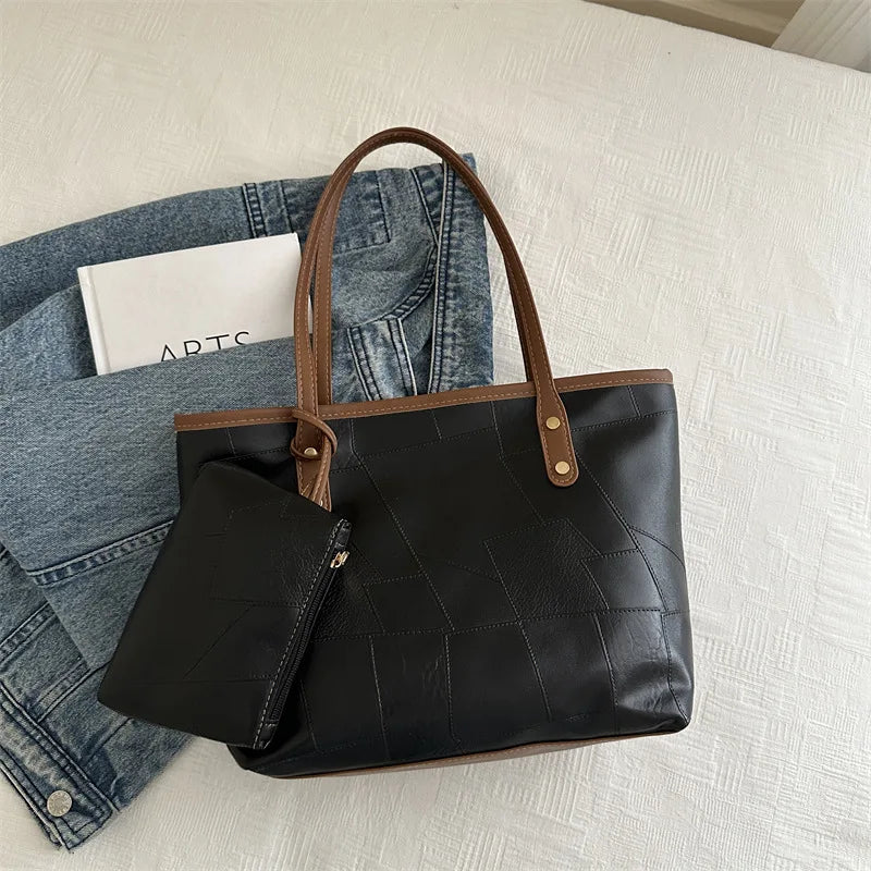 Maxy Vintage Patchwork PU Leather Casual Tote Bags for Women, Large Capacity Shoulder Bag Ladies Handbags And Purses