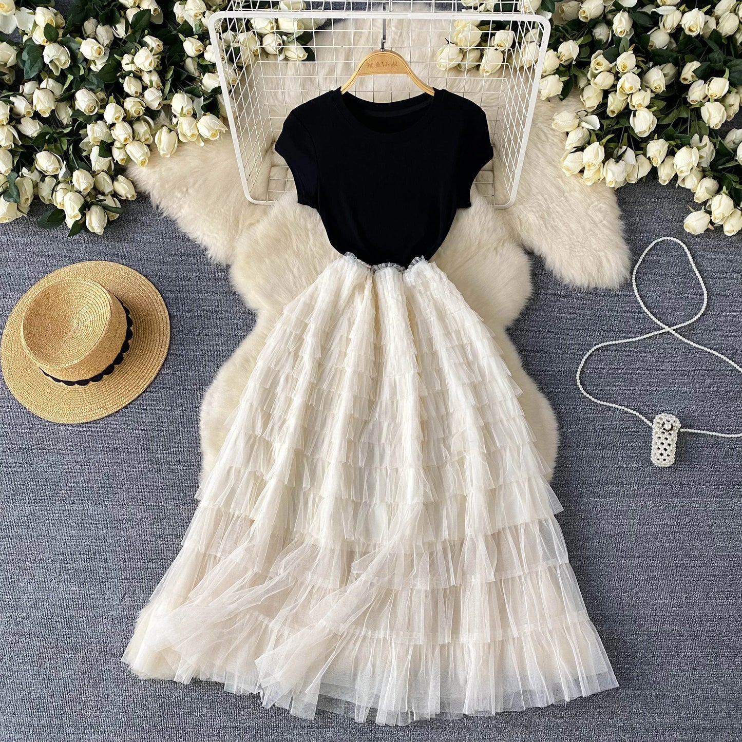 Maxy Fairycore Fashion Newest Chic Dresses Women O-Neck Short Sleeve Mesh Splice Design Vacation Summer Cake Long Dress