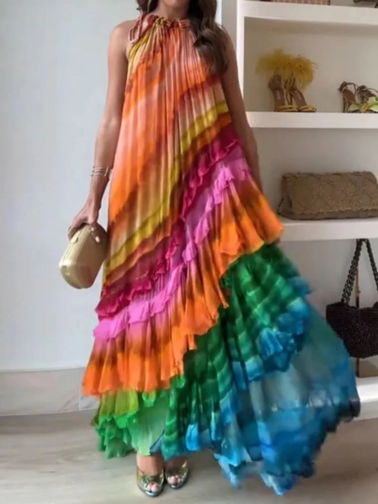 Maxy Simple Casual Women Summer O Neck Dress Elegant Femme Sleeveless Holiday Print Ruffles Patchwork Maxi Dress Streetwear