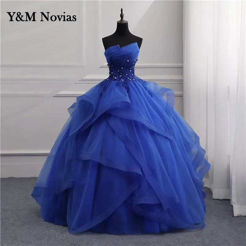 Maxy Customized Formal Evening Dresses Ball Gown Elegant Blue White Strapless Sleeveless Priness Evening Dresses for party New Design