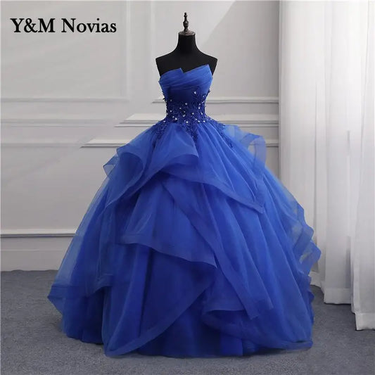 Maxy Customized Formal Evening Dresses Ball Gown Elegant Blue White Strapless Sleeveless Priness Evening Dresses for party New Design