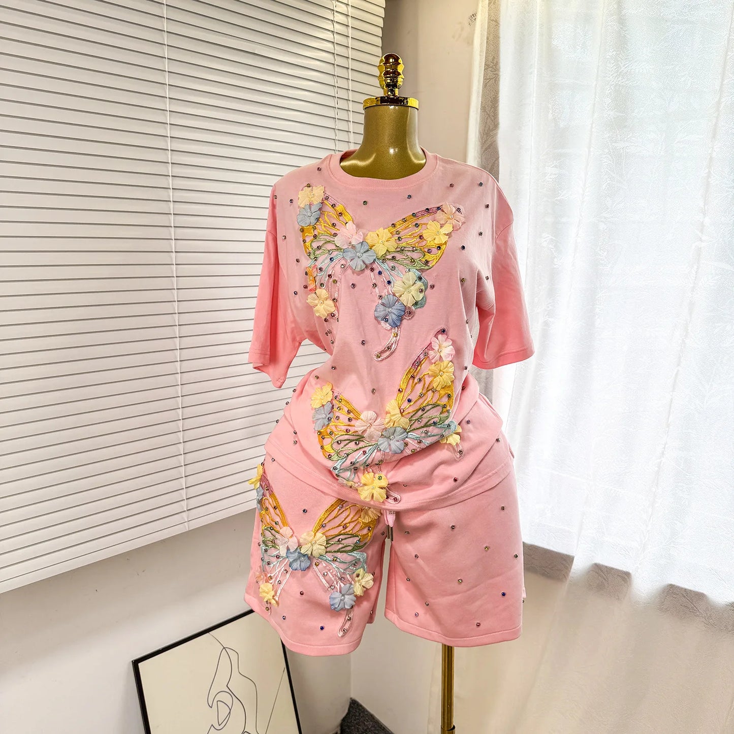 Maxy Fashion Butterfly Floral Beading Women's Set T-shirt and Shorts 2025 Summer Active Two 2 Piece Sets Outfit Tracksuit