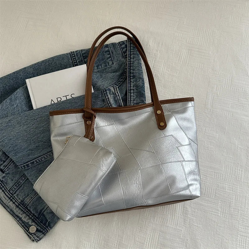 Maxy Vintage Patchwork PU Leather Casual Tote Bags for Women, Large Capacity Shoulder Bag Ladies Handbags And Purses