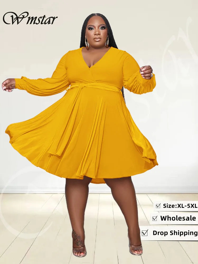 Maxy Plus Size Dresses for Women Solid Fall Clothes 2024 Loose Long Sleeve Casual Ball Gown Midi Dress