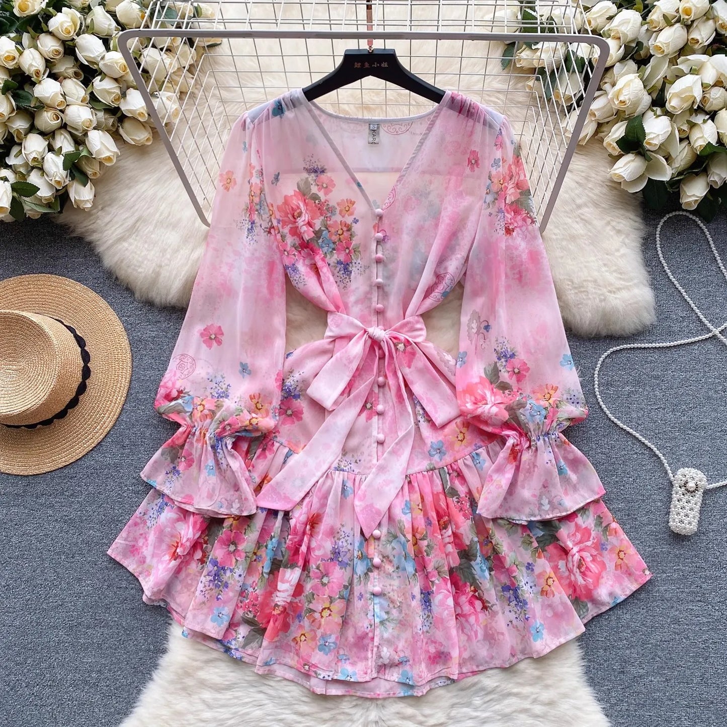 Maxy Spring Summer Gorgeous Flower Gracy Dress Women's V Neck Long Petal Sleeve Buttons Floral Print Lace Up Belt Mini dress