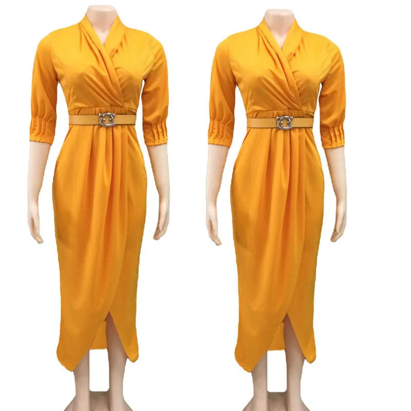 Maxy Elegant Office Ladies Dresses Women Fall Clothes Plus Size Long Sleeve Slim 3XL Dresses With Belt