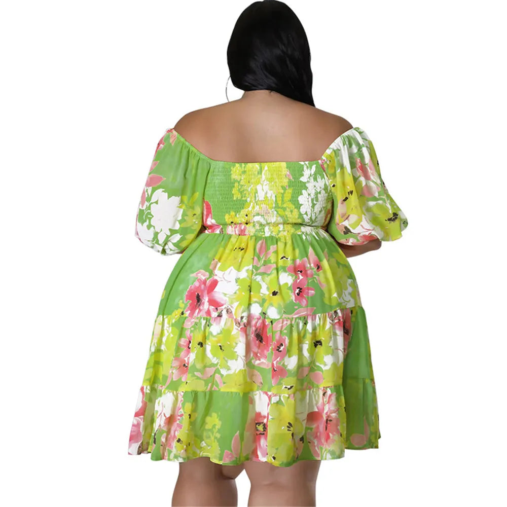 Maxy Plus Size Summer Dresses Women's Clothing Flower Printed One Shoulder Elegant Mini Dress Hot Sale