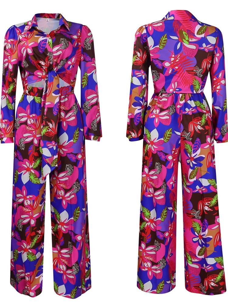 Maxy Two Piece Set Women's Clothing Pants Sets Print Button V Neck Top Wide Leg Pants Matching Summer gress