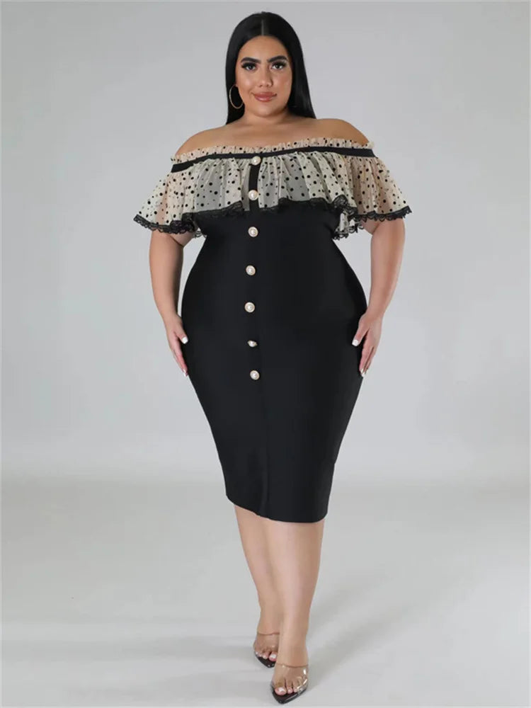 Maxy Plus Size Party Dress Women Clothing Solid Mesh Patchwork Off Shoulder Dress Fashion Outfits