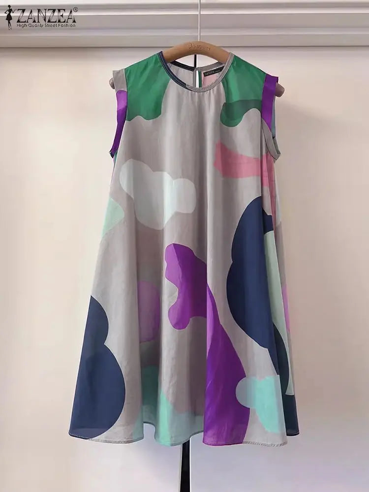 Maxy Summer Holiday Printing Dress Women O-neck Sleeveless Knee Robes 2024 Vintage Loose Tank Sundress Beach Oversize dress