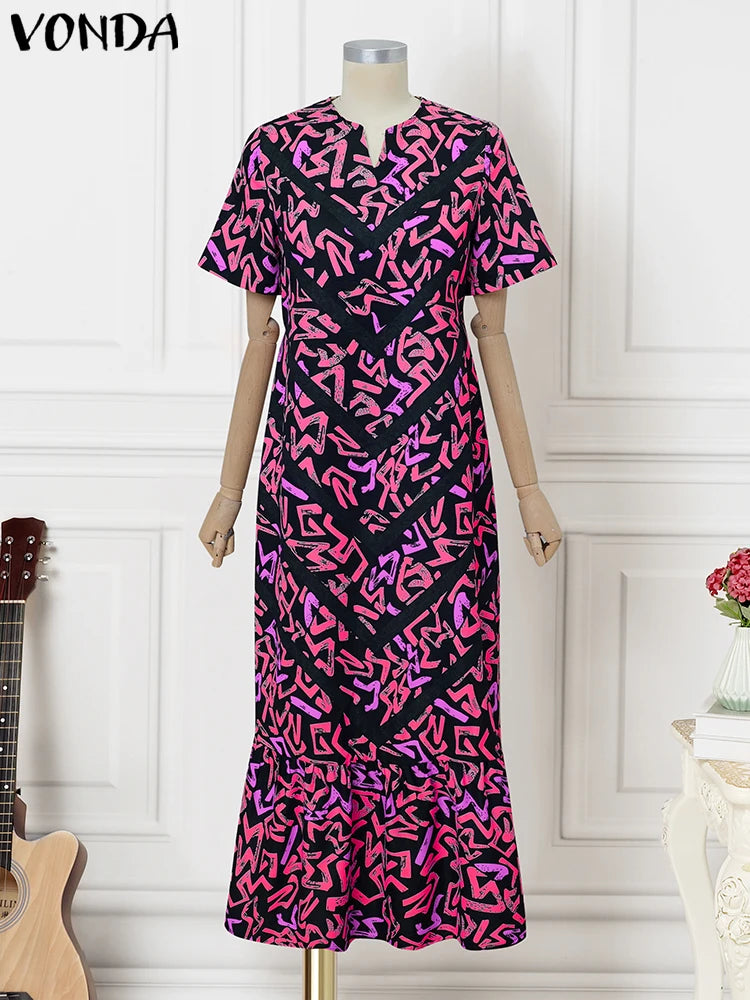 Maxy Summer Vintage Bohemian Dress Women Short Sleeve Printed Party Vestidos Casual Ruffled Long Robe V-Neck Vestidos