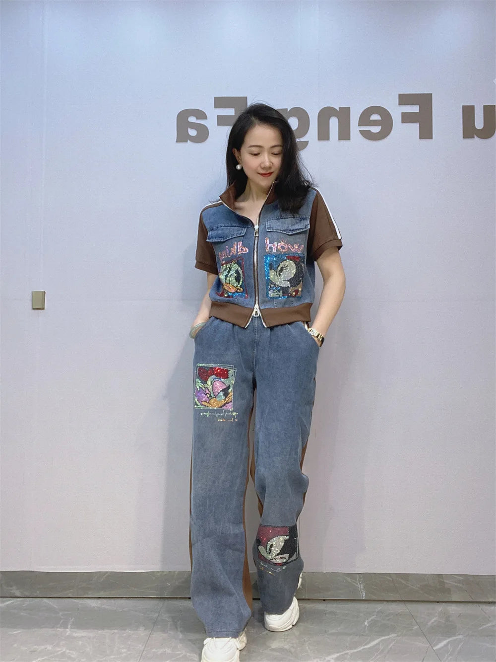 Maxy Short Zipper Cardigan and Pant Two-piece Sets Women Summer Fashion Sportswear Short Sleeve Top Long Pants Hot Diamond Denim Suit