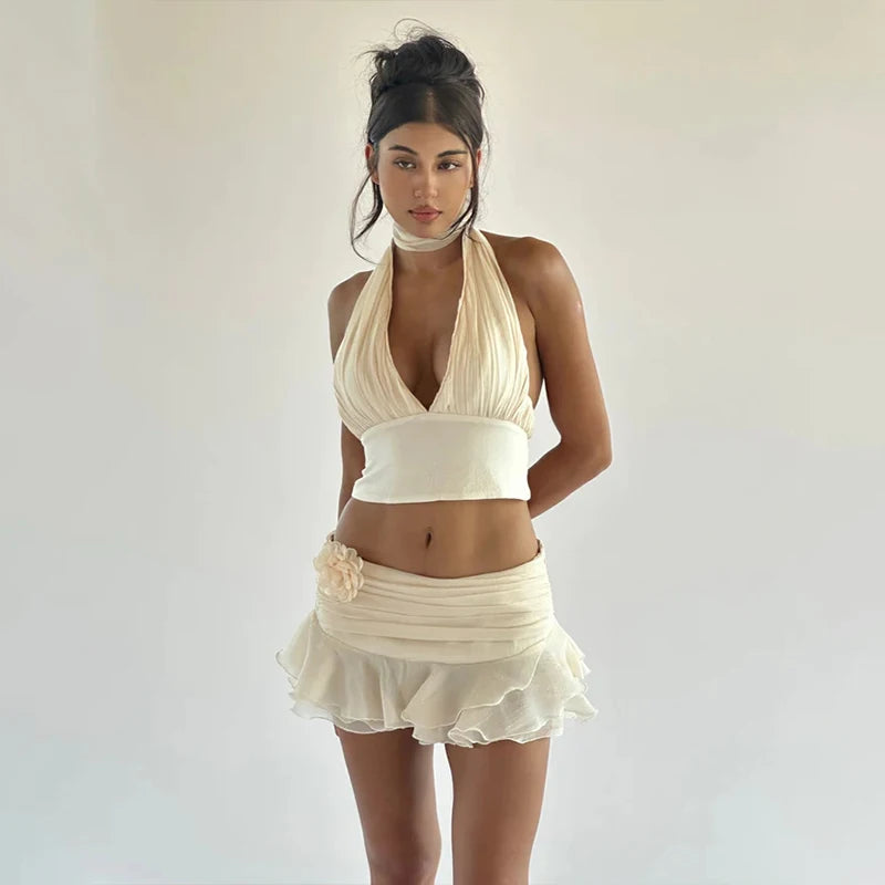 Wheremery Elegant Two-piece Y2K Summer New White Sexy V-neck Backless Women's Top and Pleated Lace Mini Skirt Women's Set