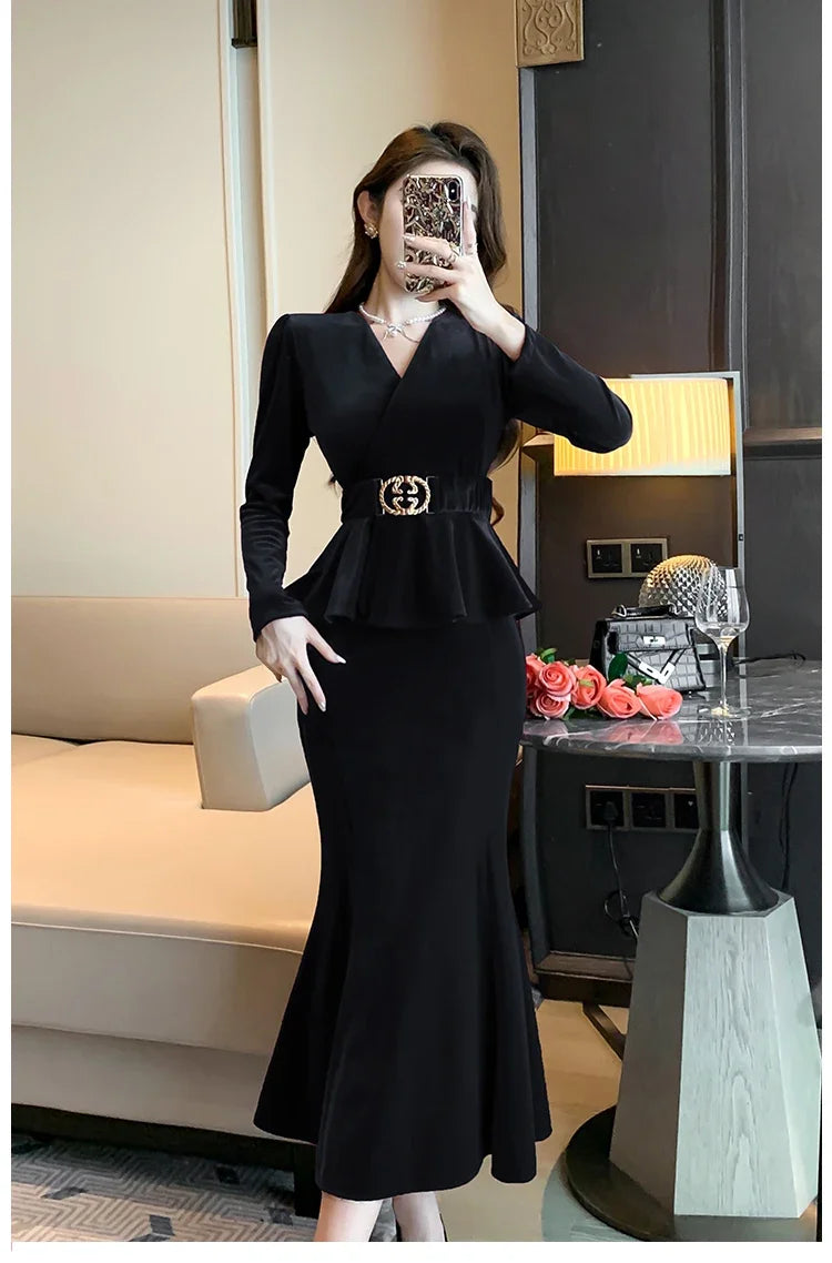 Babs Winter Red Velvet Chic Ruffled Bandage Long Dress Women Elegant Luxury Festival Dress Gown Korean Elegant Prom Dress