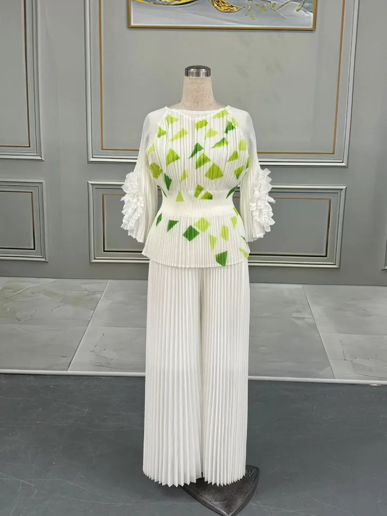 Maxy Pleated Print Pants Set Women O-Neck 3D Flowers T Shirt + Wide Leg Trousers Loose New 2025 Female Two Piece Sets