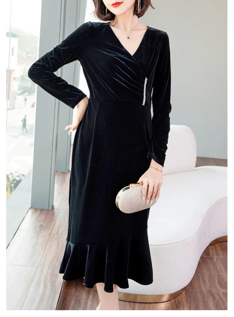 Babs Ladies Spring Autumn Plus Size Midi Dress for Women Large Size Long Sleeve V-neck Dress 2XL 3XL 4XL 5XL 6XL