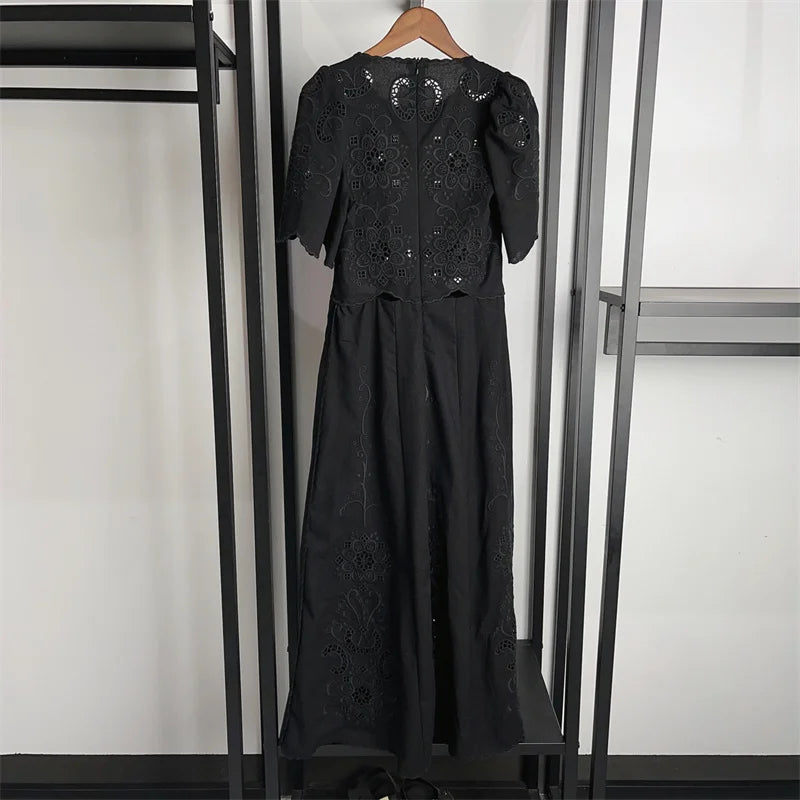 Momsey 2024 Spring Summer Women Dress Embroidery Hollow out White or Black Short Sleeve Female O-neck Midi Robe