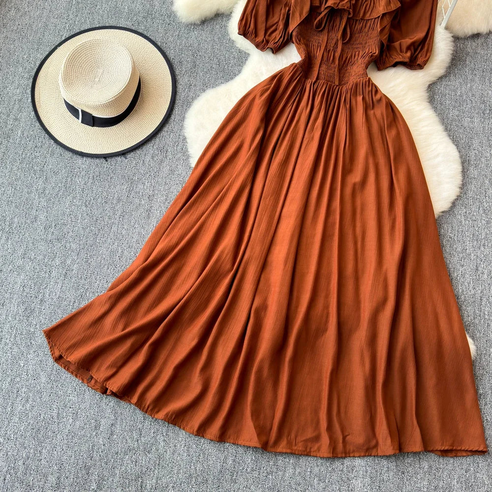 Babs Chic Elegant Square Collar Macy Dress Women Solid Short Puff Sleeve Dresses 2024 Korean Fashion Vintage Ruffle Vestidos