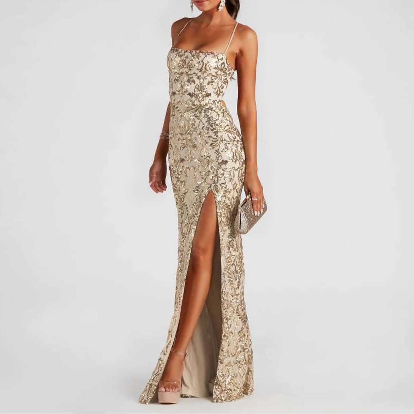 Macy Glitter Light Blue Evening Dresses Sequined Spaghetti Straps V Neck Mermaid Prom Gown Open Back Cross Straps Split Party Dress