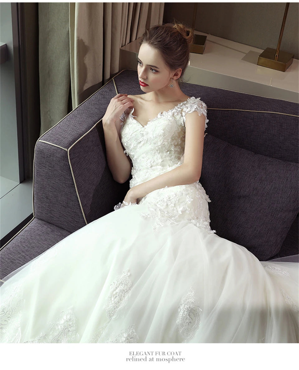 Babs Elegant Cap Sleeves V-neck Appliques Mermaid Tulle 2024 Wedding Dresses for woman Court Train Bridal Gowns.