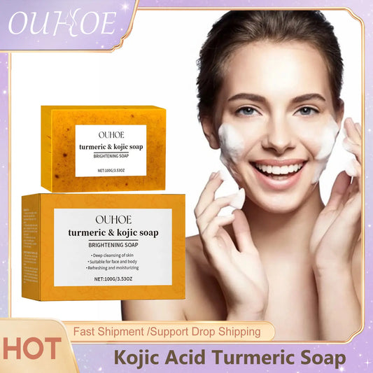 Babs OUHOE Kojic Acid Turmeric Soap Face Deep Cleaning Even Skin Tone Skin Lightening Soap Moisturizer Skin Care Handmade Lemon Soap