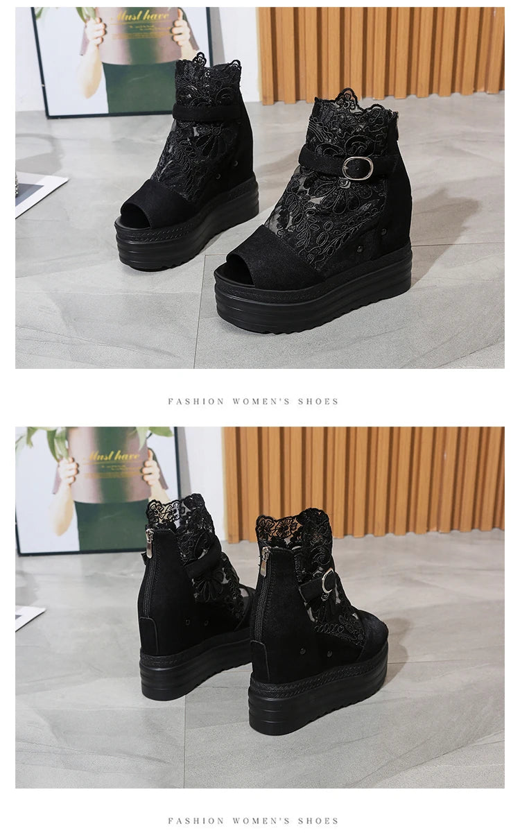 Summer Crystals Buckle Platform Sandals Women Cool ZIP Boots 10cm Wedges Heel Height Increasing Peep Toe Lace breathable Shoes