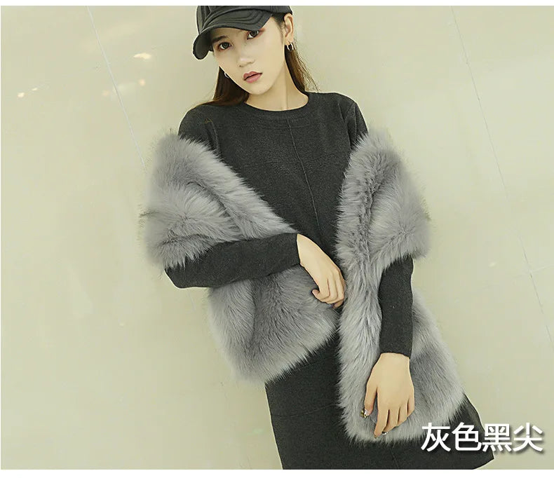 Gacy Faux Fox Fur Women Wraps Long Plush Tippet for Woman Luxury Scarf Cloak Party Dress Fluffy Fur Shawl Large Poncho Bride