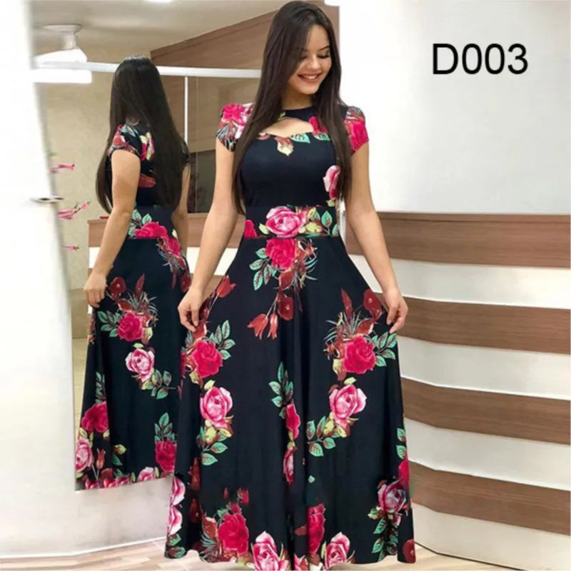 Babs Elegant Spring Women's Dress Casual Fashion Floral Print Short Sleeve Super Long Dress New Fashion Hollow Out Long Dresses