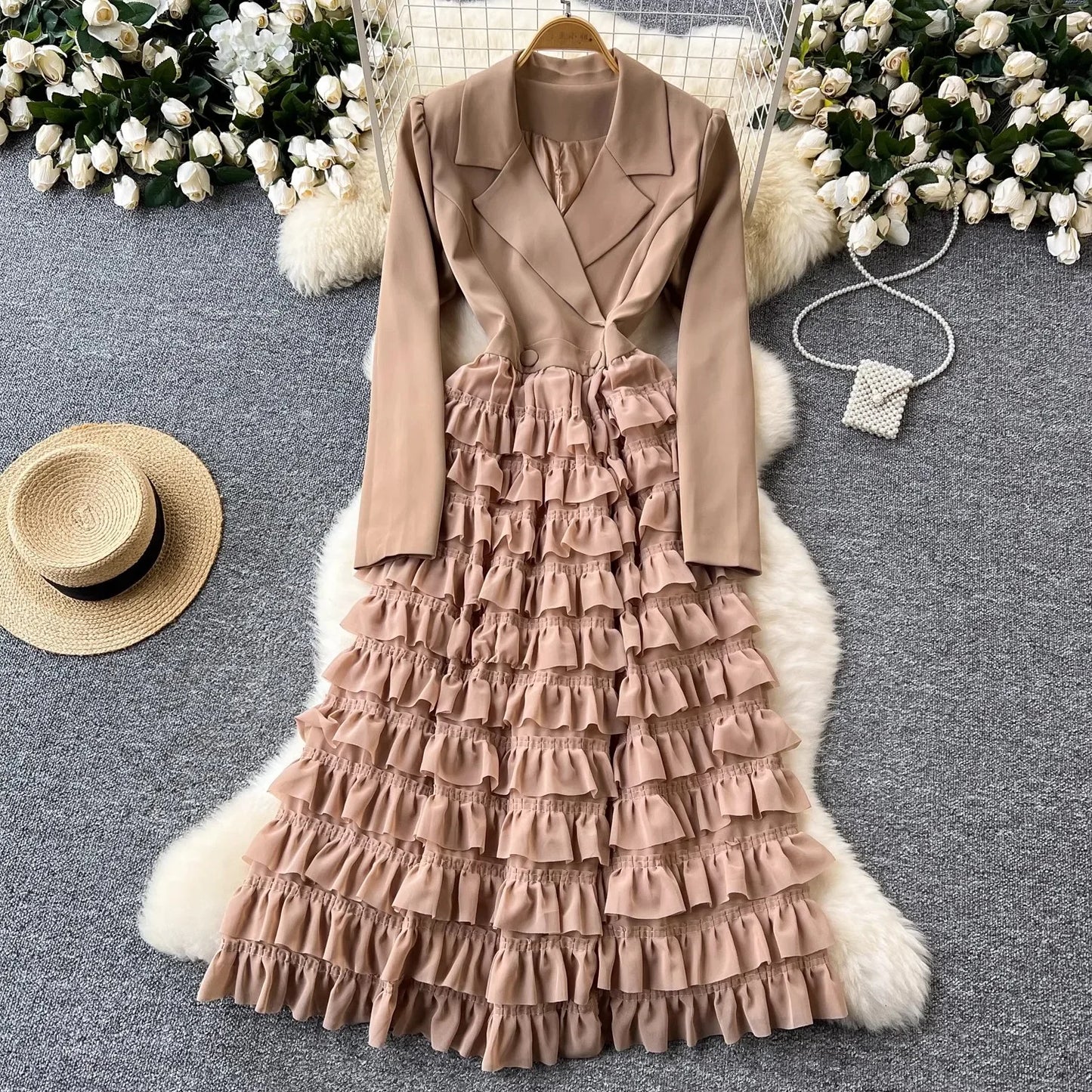 Zay Women Vintage Evening Party Dress Spring Autumn Lapel Long Sleeve Patchwork Mesh Layered Dresses Ladies Elegant Long Robe