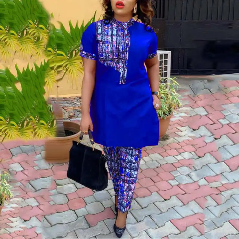 Maxy Women Office Pant Sets Summer Printed Suits Vintage Stand Collar Short Sleeve Tops and Long Pants Casual Loose Sets