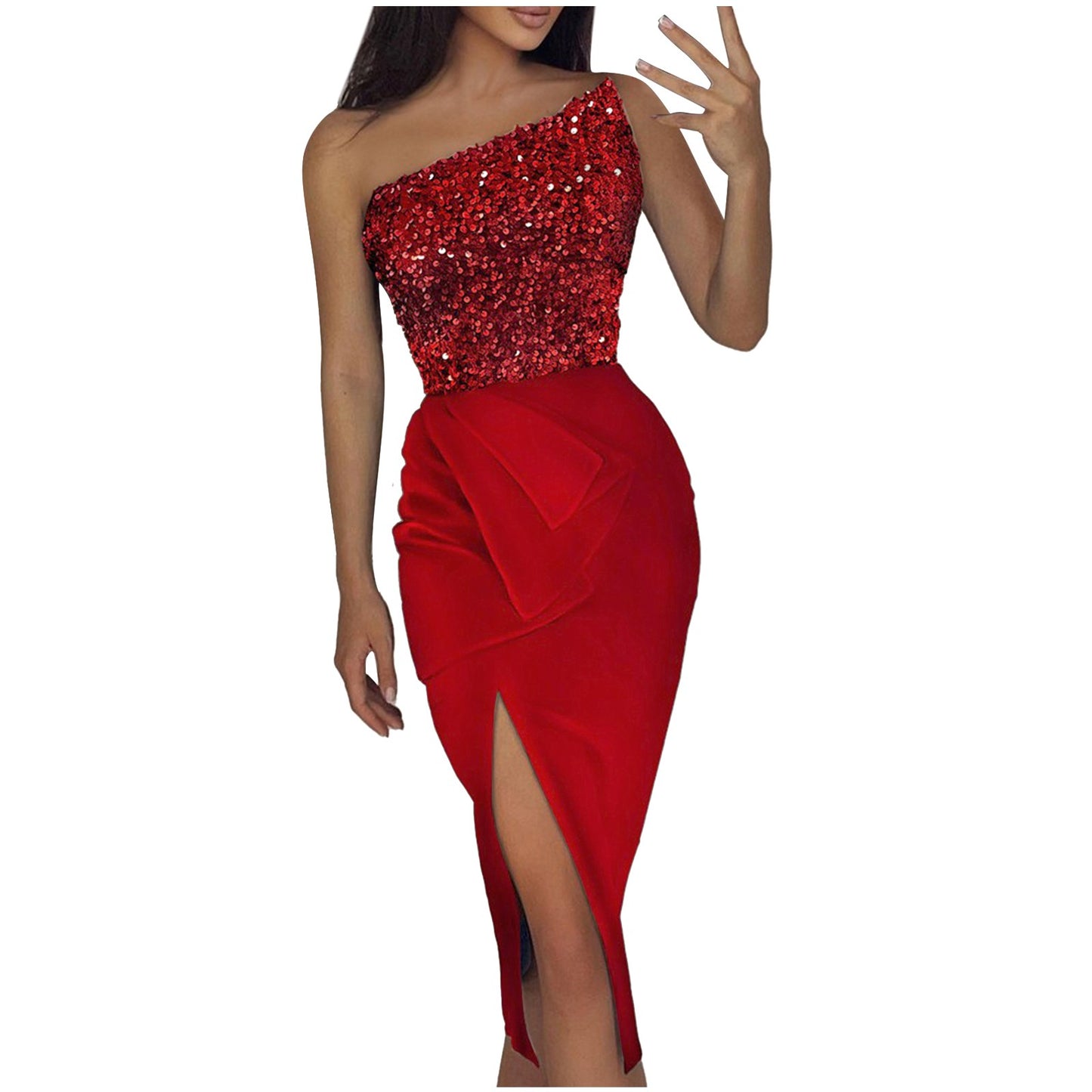 Macy Ladies Autumn Winter Sleeveless Stitching Glitter Sparkly Sequin Dress Cocktail Evening Party Dress.