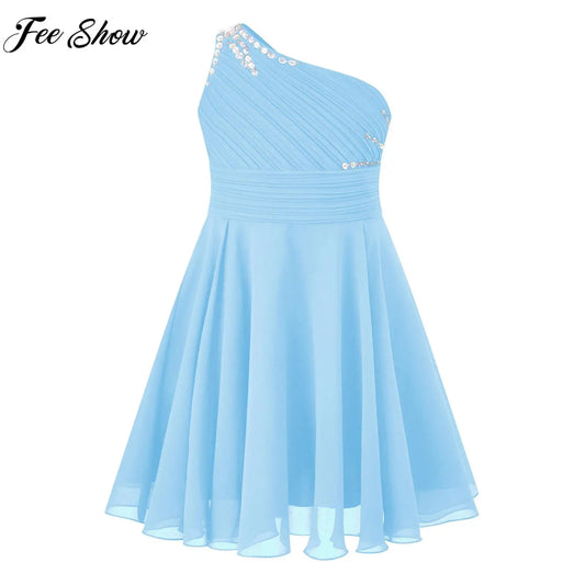 Macy Girls Elegant Beaded Party Dress One Shoulder A-Line Chiffon Princess Dresses Wedding Birthday Prom Evening Gown
