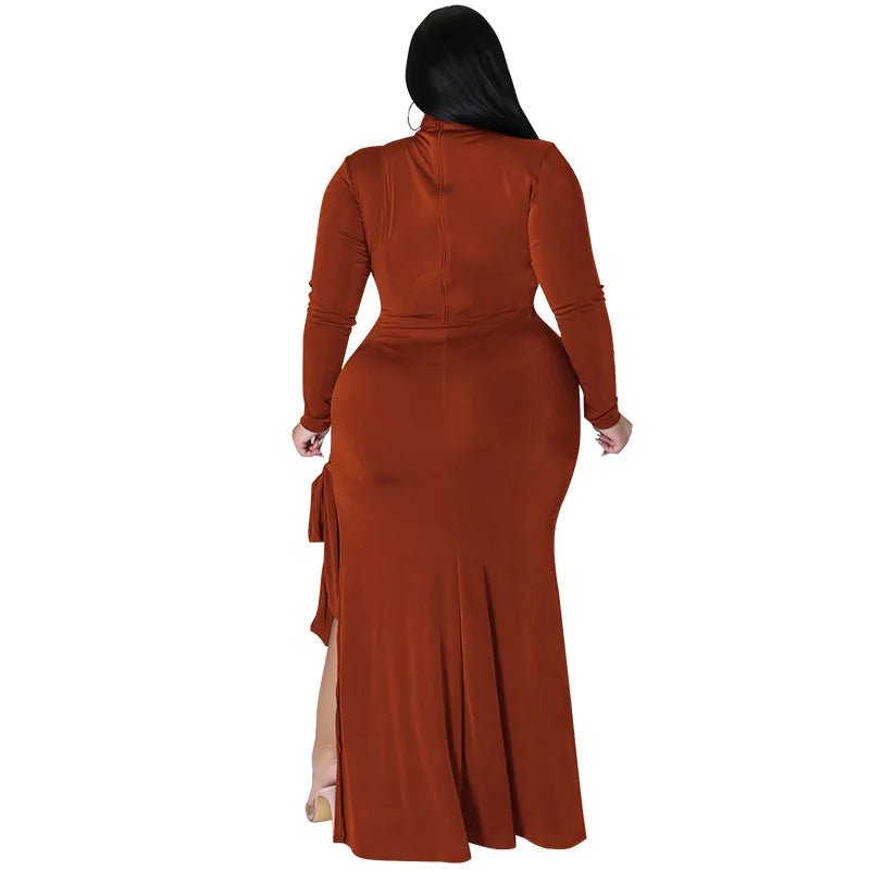 Maxy Plus Size Fall Clothing Women Long Sleeve Fashion High Slit Split Sexy Hollow Out Long Maxy Dress