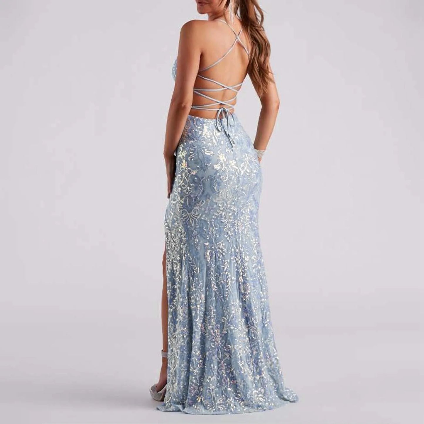 Macy Glitter Light Blue Evening Dresses Sequined Spaghetti Straps V Neck Mermaid Prom Gown Open Back Cross Straps Split Party Dress