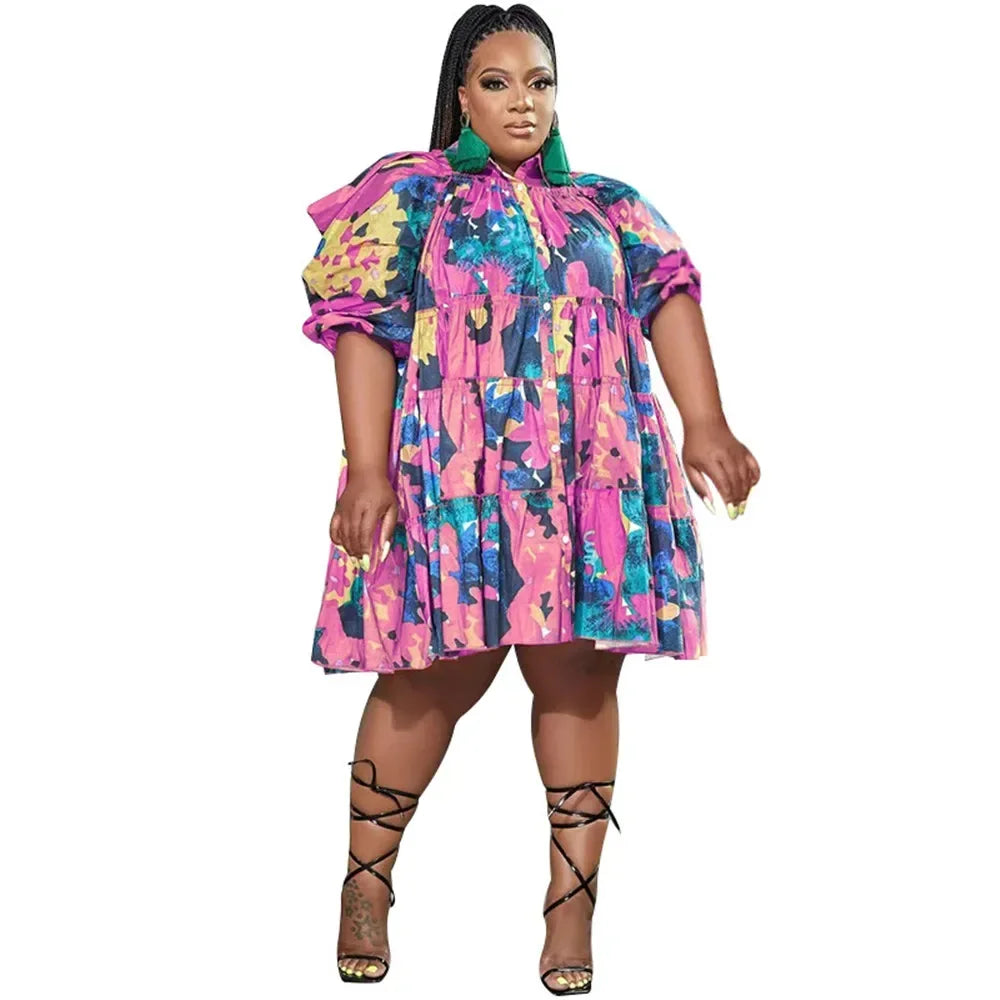 Maxy Plus Size Dresses 4xl 5xl Women's Clothing Tie Dye Loose Casual Cute Ball Gown Shirts Midi Dress