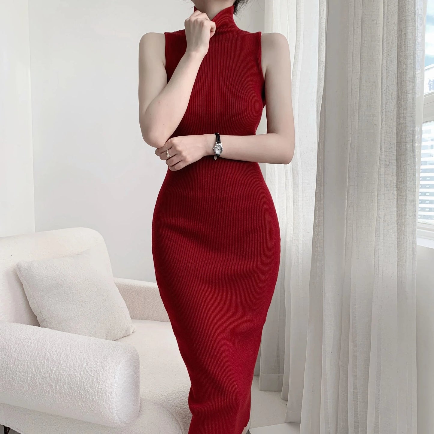 Maxy WOMEN GAGA French Turtleneck Sleeveless Knitted Dress Women Autumn Slim High Waist Mid Length Slim Hip Wrap Dresses Tops DH8G