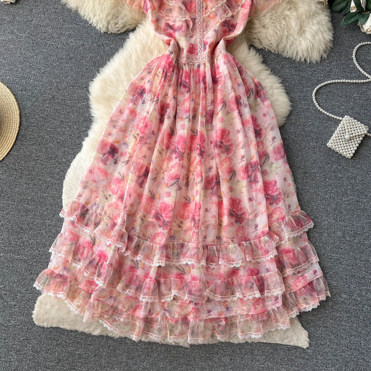 Summer Mesh Printed Dress Women Elegant Ruffle Edge Vintage High Waist Pink Party Dresses Ladies Slim A-line Floral Long Robe