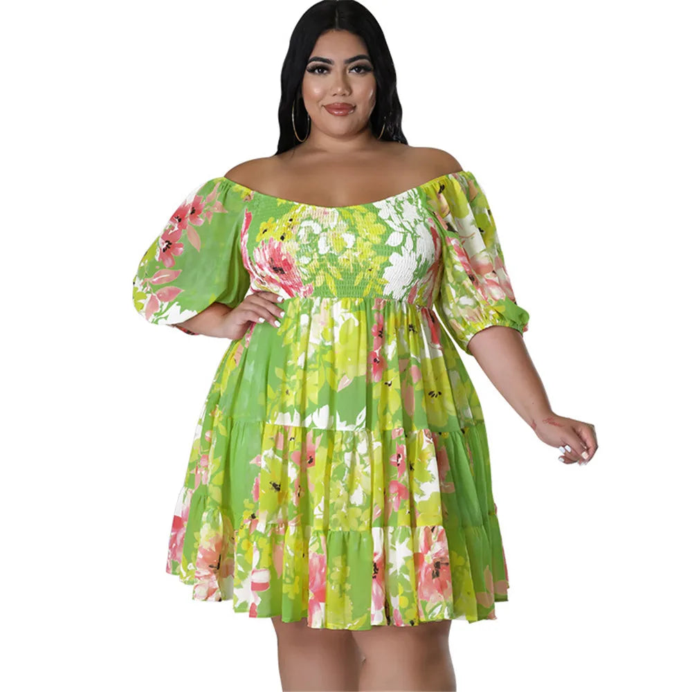 Maxy Plus Size Summer Dresses Women's Clothing Flower Printed One Shoulder Elegant Mini Dress Hot Sale