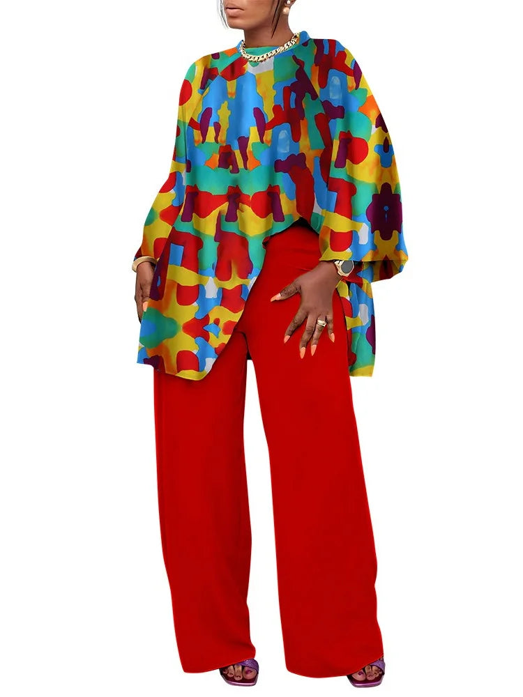 Maxy Plus Size Two Piece Sets Women Clothing Printed Long Sleeve Tops Solid Pants Wid Leg Matching Suits.