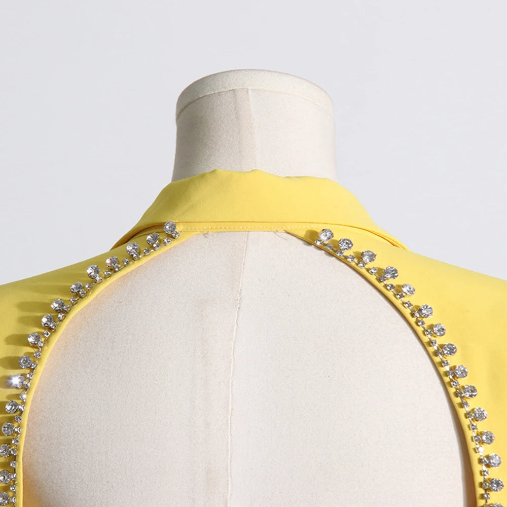 Maxy Fashion Yellow Sexy Diamond Backless design Blazers for Women Slim Long Jackets 2024 New Office Ladies Outerwear