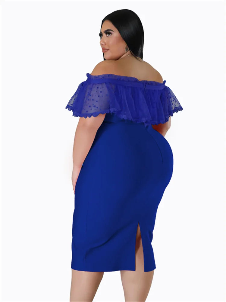 Maxy Plus Size Party Dress Women Clothing Solid Mesh Patchwork Off Shoulder Dress Fashion Outfits