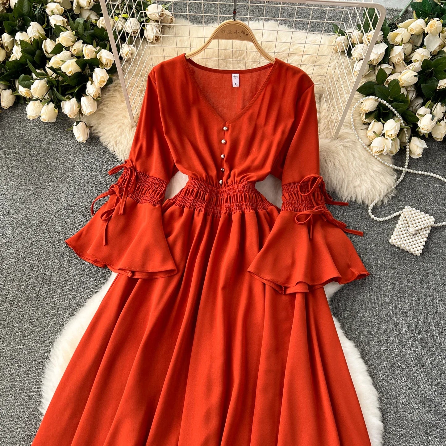 Maxy Purple/Green/Red Pleated Maxy Long Dress Women Vintage V-Neck Flare Sleeve Draped Ruffle Female Maxy Robe Summer