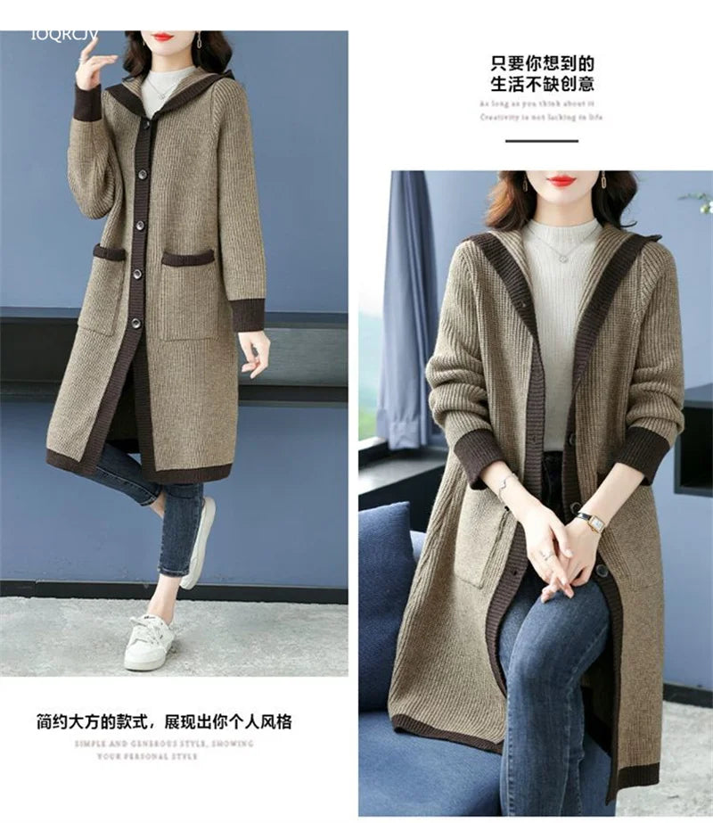 Maxy new Hooded Knitted Momsey Sweater Coat Women Autumn Winter Long Wool  AmericanFemale Casual Loose Knitting Jacket Large Size 5XL