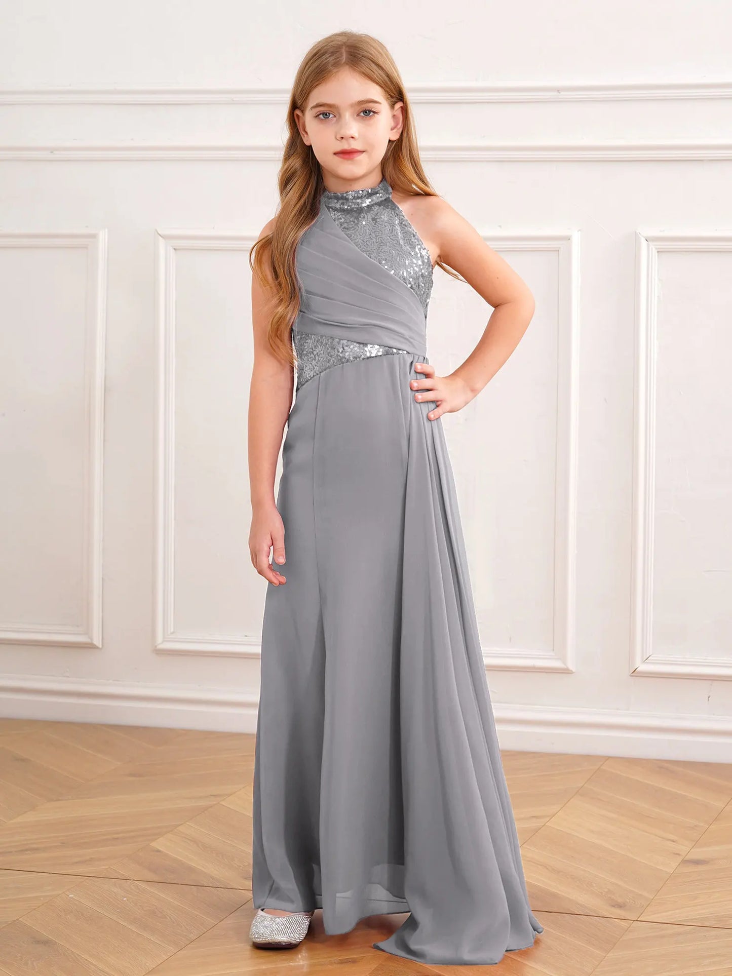 Children Gacy Wedding Flower Girls Dress Sleeveless Shiny Sequined Party Gown Floor-Length Dress Evenings Birthday Banquet Prom Gown