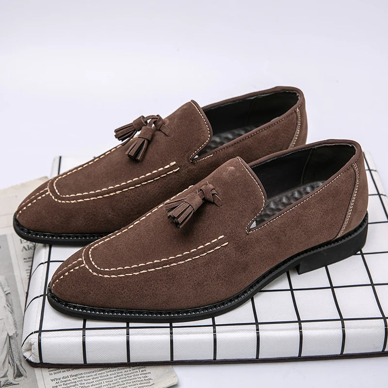 Visco Men's Loafers Brand Suede Leather Shoes Vintage Slip-on Classic Casual Men Driving Shoes Wedding Male Dress Shoes Tassel pointed