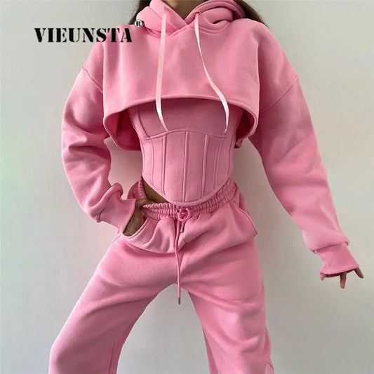 Women Crop Tops Hoodies Tracksuit With Corset Vest Fall Winter Fleece Sweatsuit Sport Jogger Outfits 3 Two Piece Sweatpants Sets