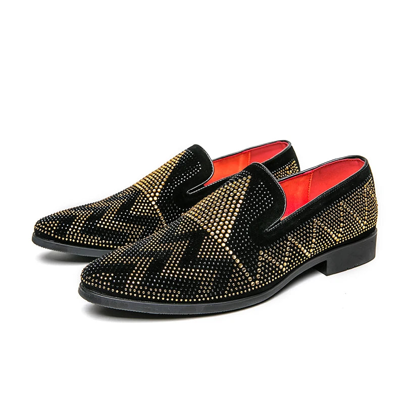 Maxy Fashion Italian handmade rhinestone leather shoes men's casual foot set slip-on leather hair stylist bean shoes fashion