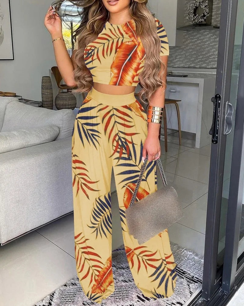 Women Print Pant Sets Two Piece Suit Round Neck Short Sleeve Tops Vests Wide Leg Trousers High Waist Pant Ladies Summer