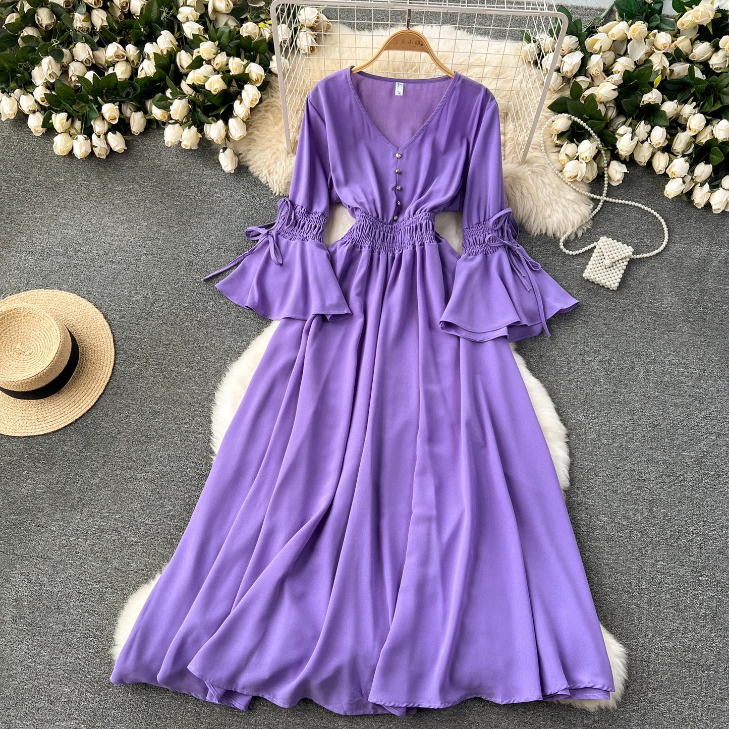 Maxy Purple/Green/Red Pleated Maxy Long Dress Women Vintage V-Neck Flare Sleeve Draped Ruffle Female Maxy Robe Summer